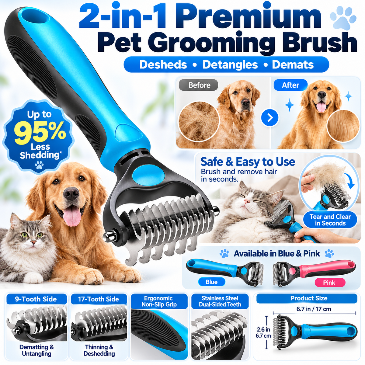 Premium 2-in-1 Stainless Steel Pet Grooming Brush – Deshedding & Detangling Comb for Dogs & Cats