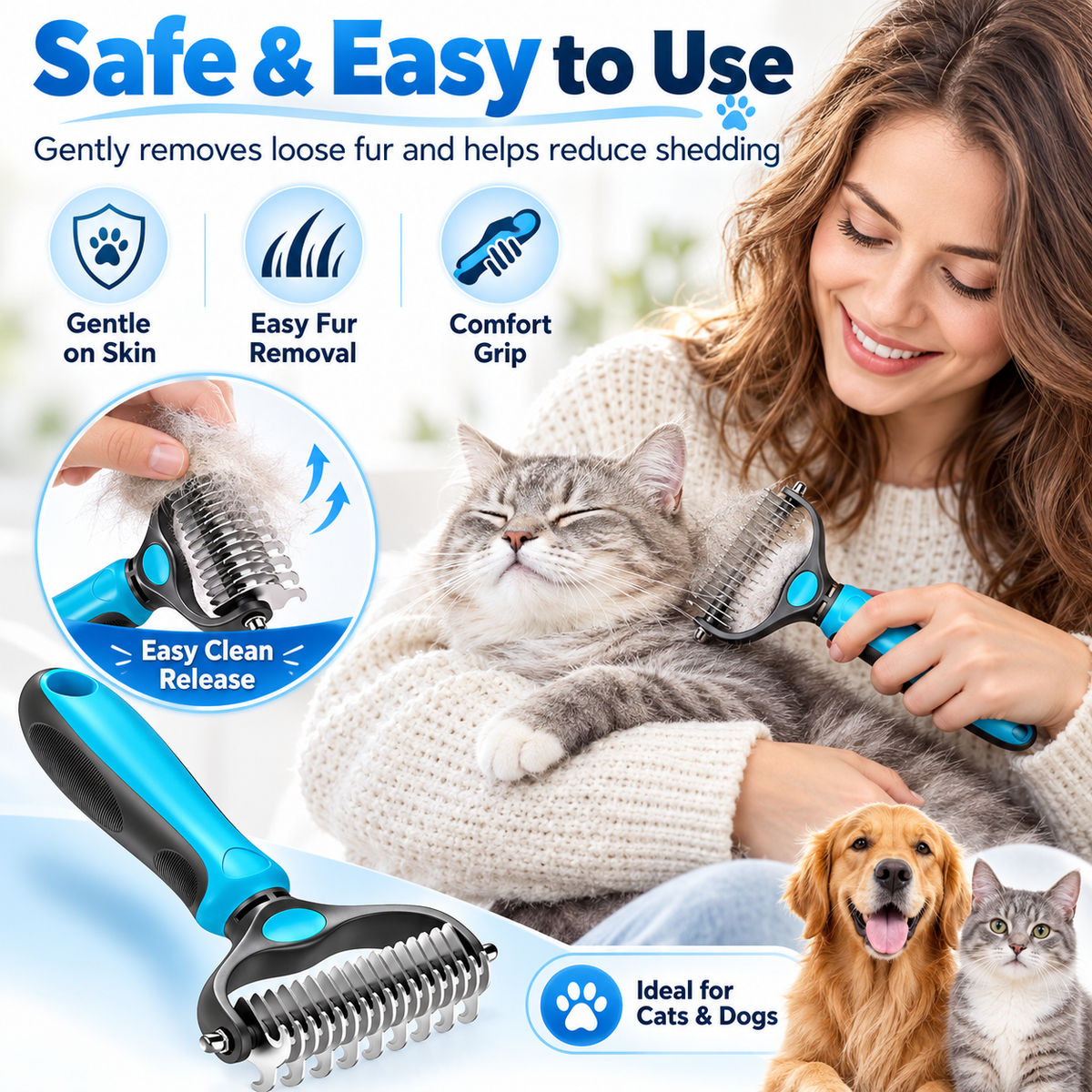 Premium 2-in-1 Stainless Steel Pet Grooming Brush – Deshedding & Detangling Comb for Dogs & Cats
