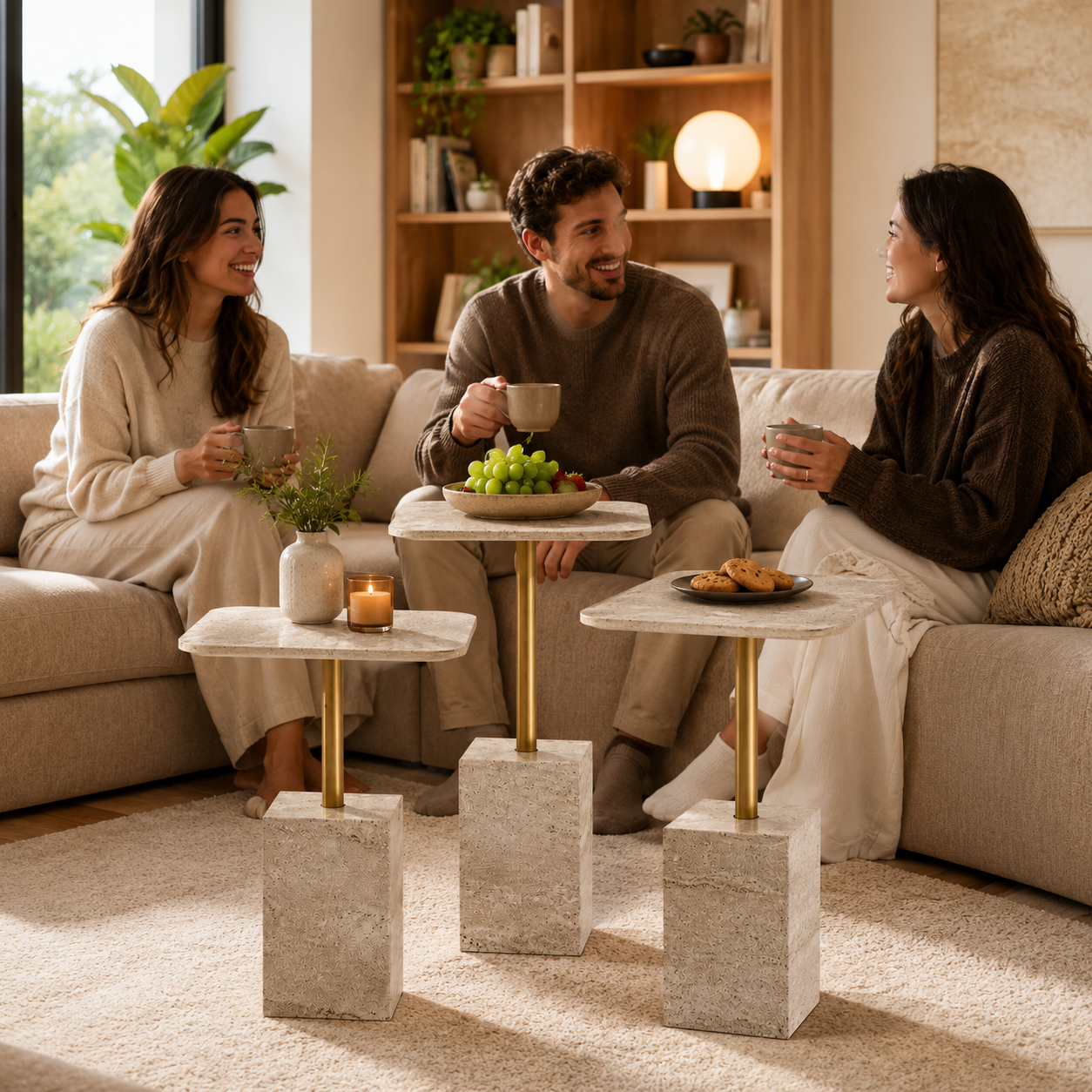 MASRID PS-109 Travertine Luxe Side Table