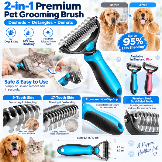 Premium 2-in-1 Stainless Steel Pet Grooming Brush – Deshedding & Detangling Comb for Dogs & Cats